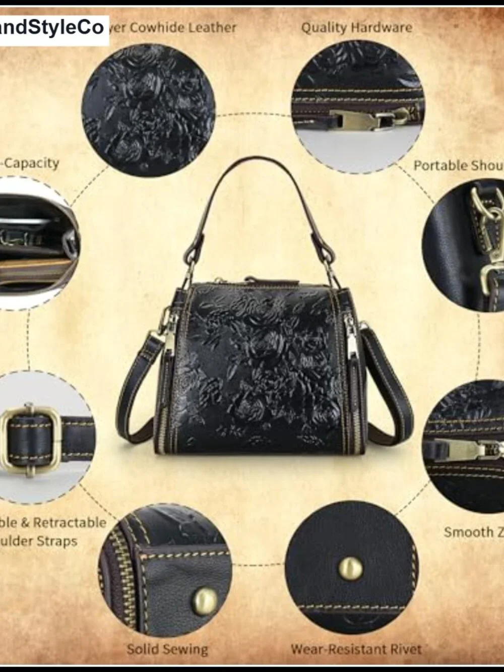 Leather Crossbody Bag Satchel Handbag with Embossed Rose Pattern